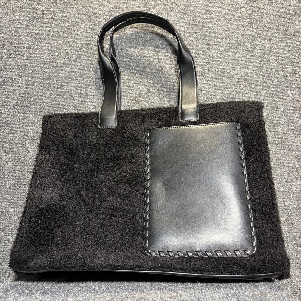 BCBG Black Faux Shearling Tote Bag Whipstitch Large Shoulder Purse Wallet